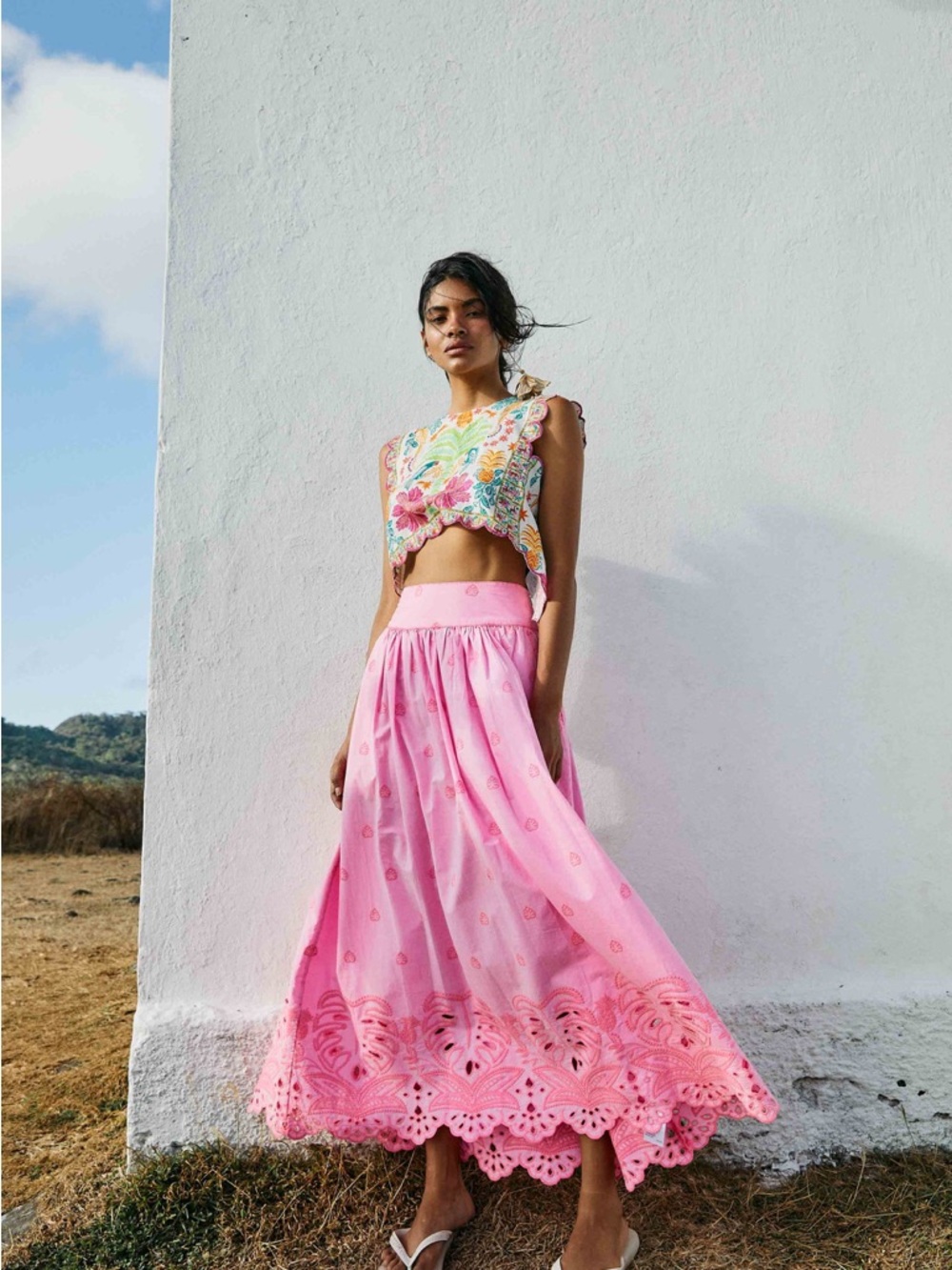 NWT Farm Rio Neon Pink Embroidered Accent Midi Length Skirt